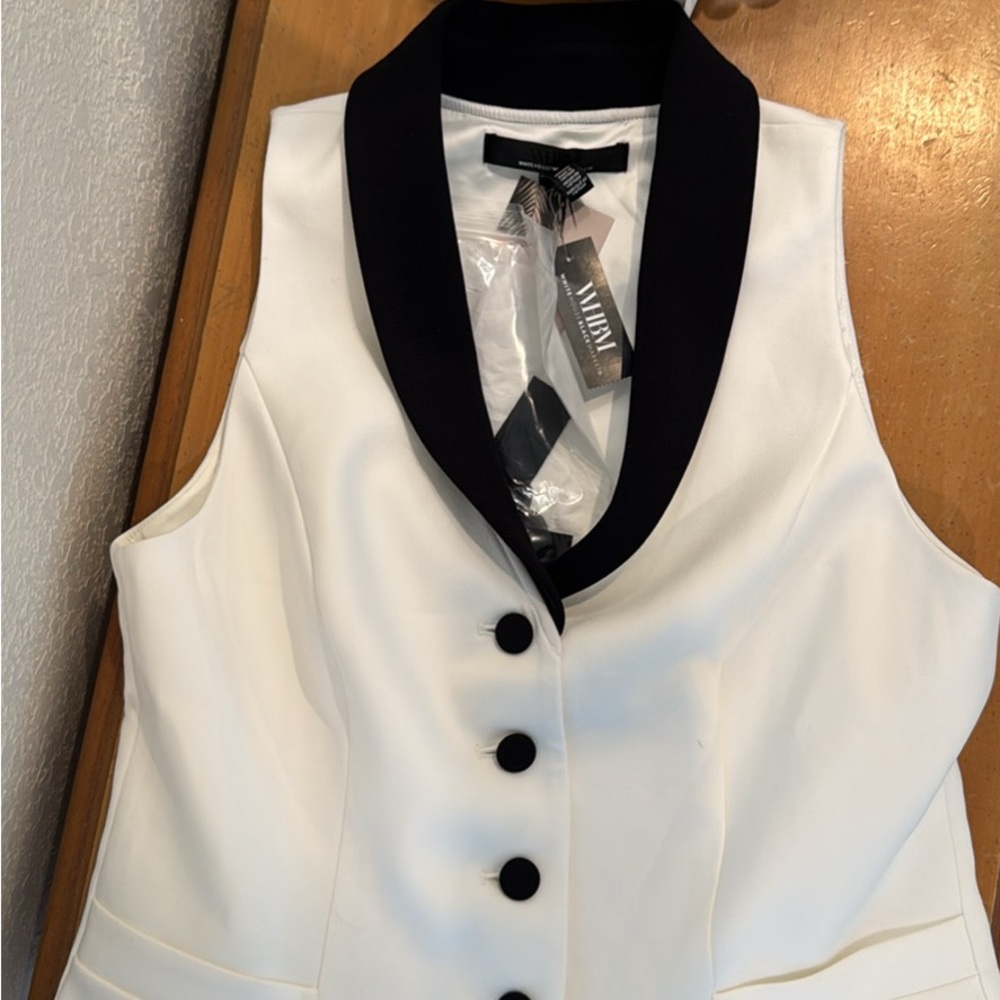White House Black Market White and Black Sleeveless tuxedo Top